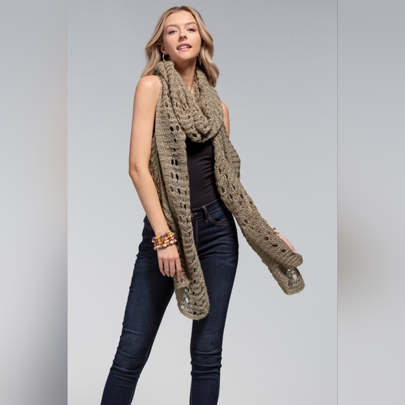 Taupe Soft Comfy Open Knit Scarf w/ Eyelet Accent & Moderate Stretch - Picture 2 of 5
